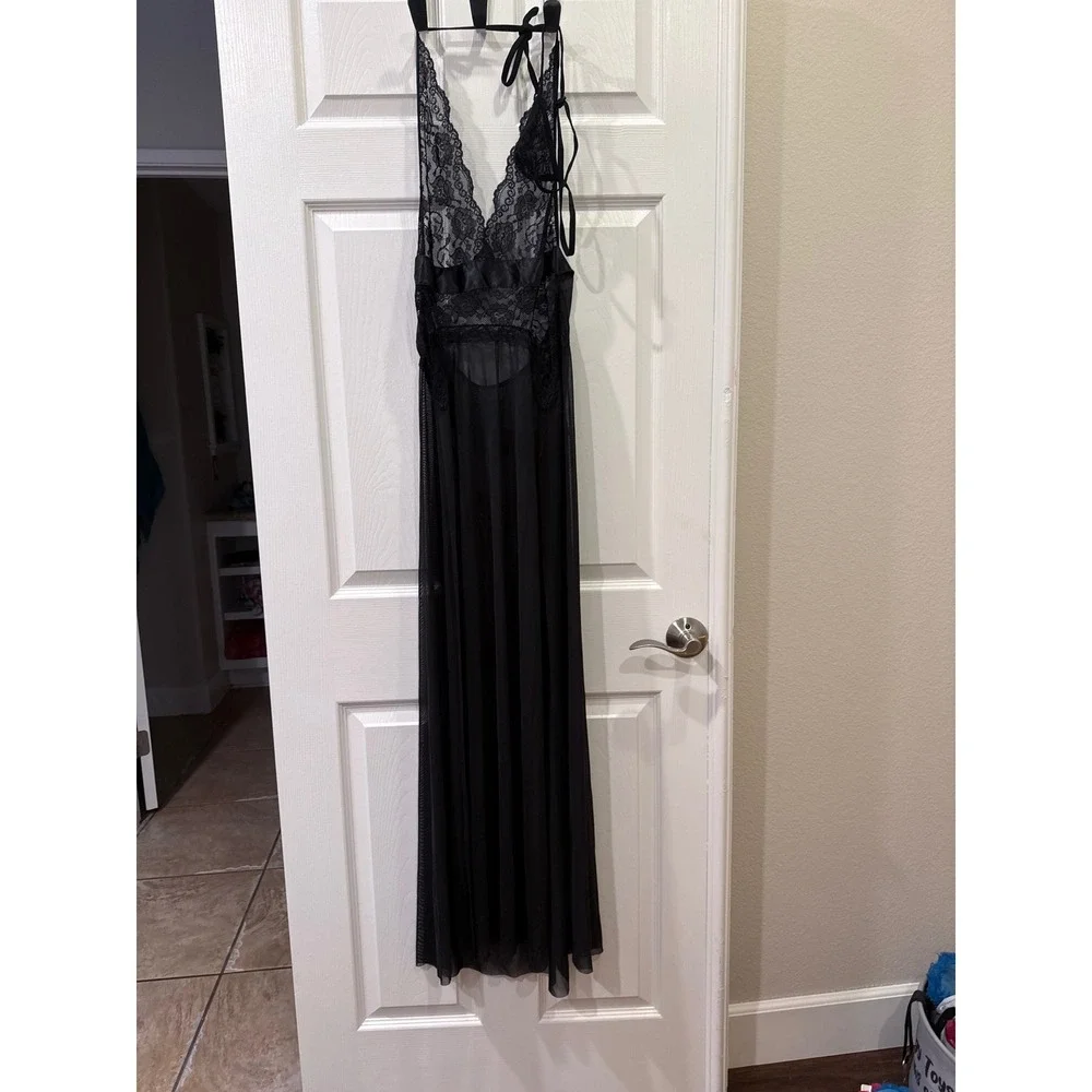 Black Lace Sheer Mesh Halter Neck Long Nightgown Lingerie Dress Large